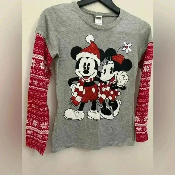 Disney Christmas Mickey Minnie Shirt Junior Sparkly Gray Long Sleeve Size M 7/9 - Picture 6 of 6